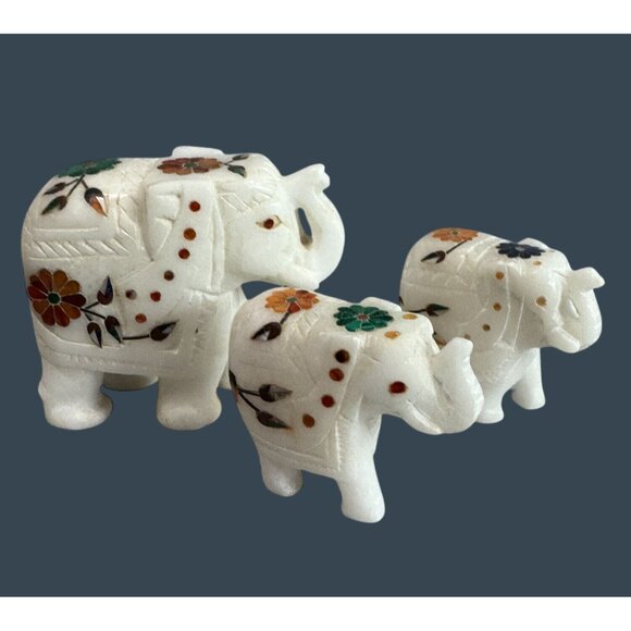 Marble Elephant Figurine Set With Floral Inlay Design - Picture 1 of 9
